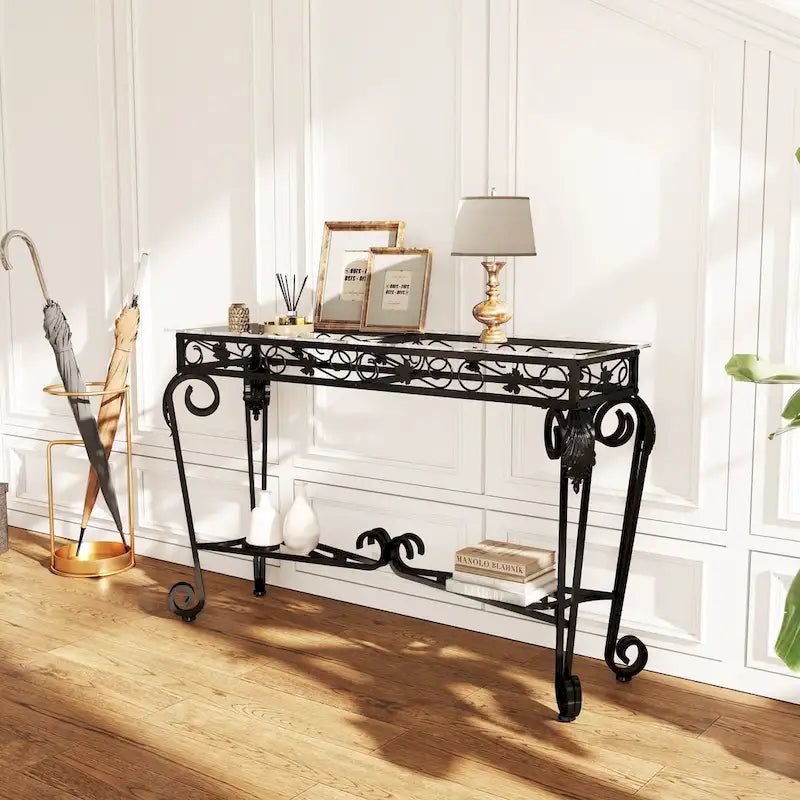 Tavolo in vetro e metallo in stile moderno, tavolo consolle per ingresso, robusto tavolo da corridoio con contenitore, tavolo da divano facile da montare