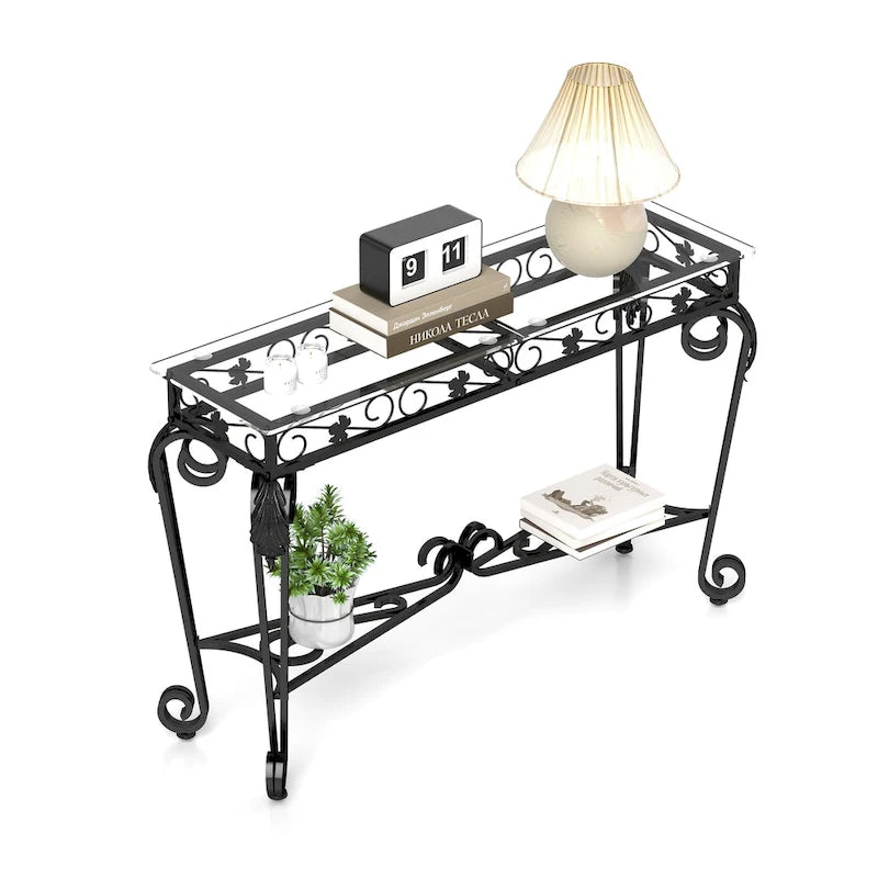 Tavolo in vetro e metallo in stile moderno, tavolo consolle per ingresso, robusto tavolo da corridoio con contenitore, tavolo da divano facile da montare