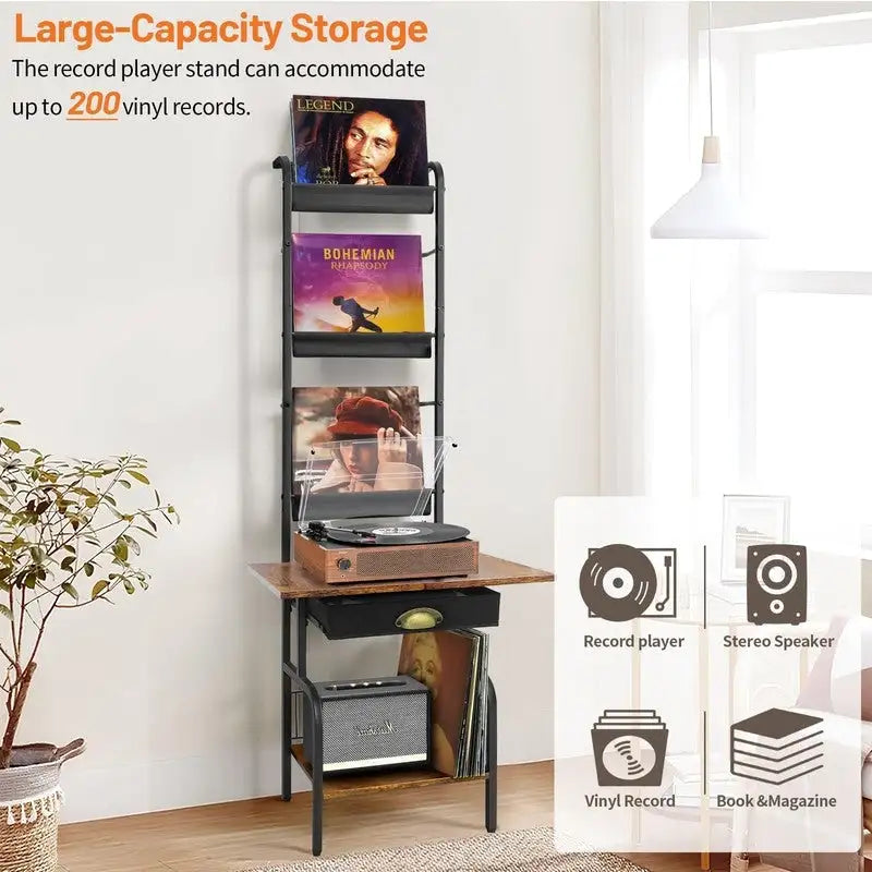 Supporto per giradischi con contenitore per vinili - 13.8 L x 11.8W x 56.7 H