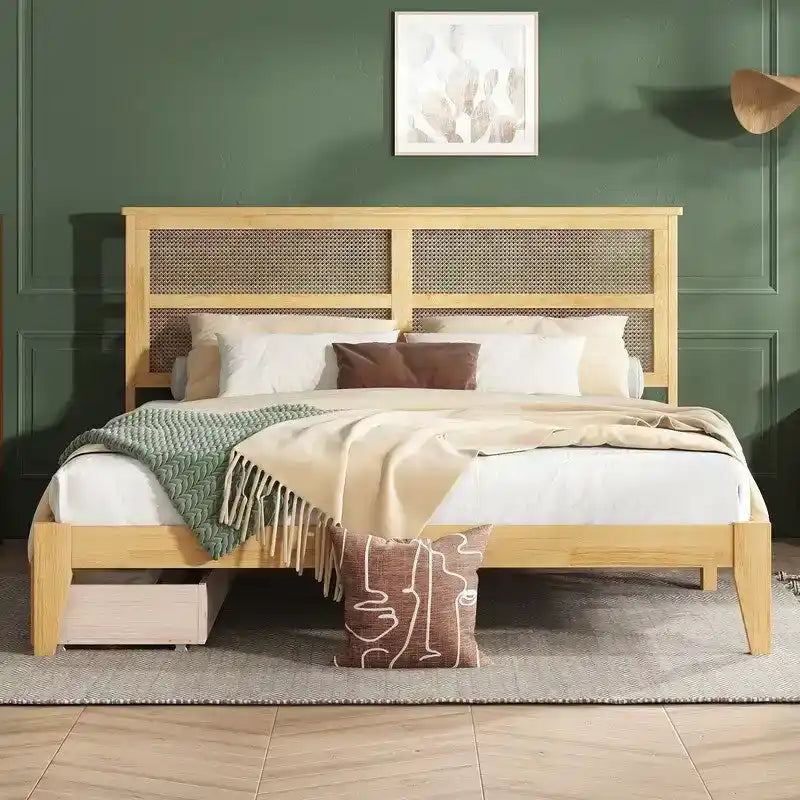 Letto a piattaforma con testiera in rattan e due cassetti