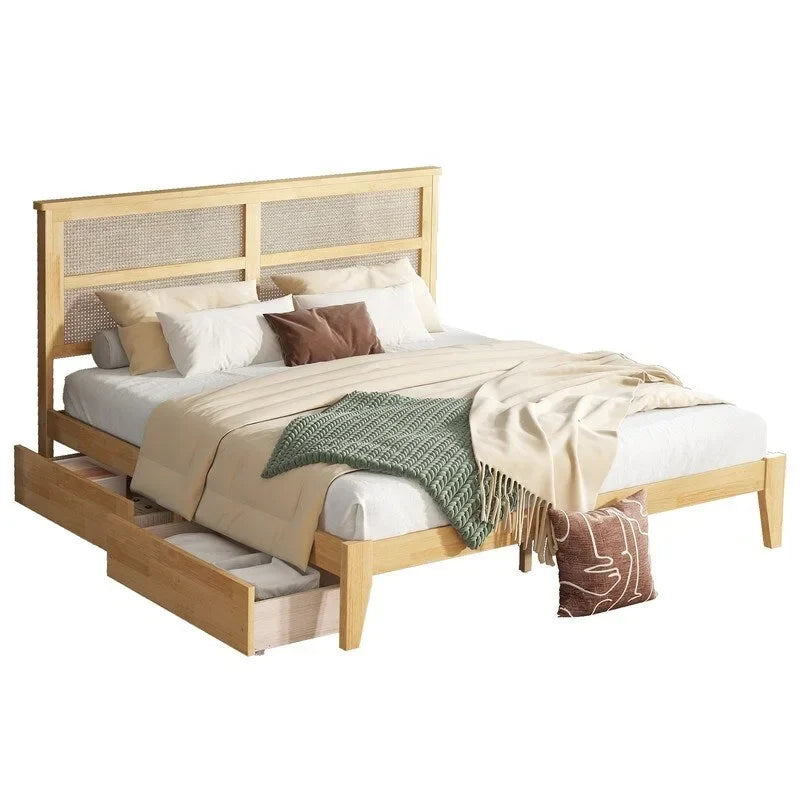 Letto a piattaforma con testiera in rattan e due cassetti