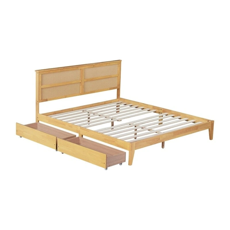 Letto a piattaforma con testiera in rattan e due cassetti
