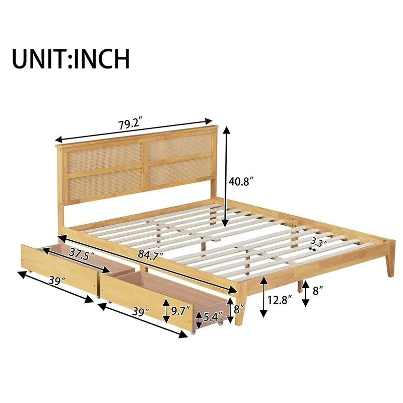 Letto a piattaforma con testiera in rattan e due cassetti
