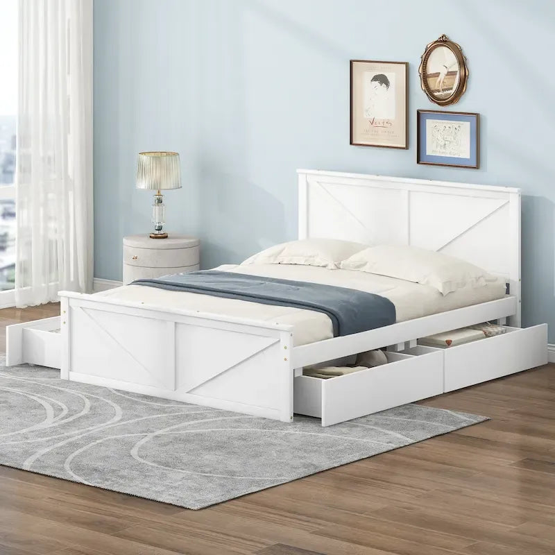 Letto matrimoniale queen size in legno bianco anticato con base a piattaforma e quattro cassetti contenitore