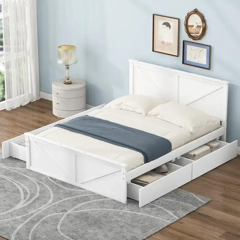 Letto matrimoniale queen size in legno bianco anticato con base a piattaforma e quattro cassetti contenitore