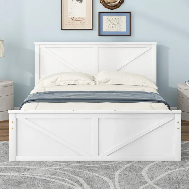 Letto matrimoniale queen size in legno bianco anticato con base a piattaforma e quattro cassetti contenitore
