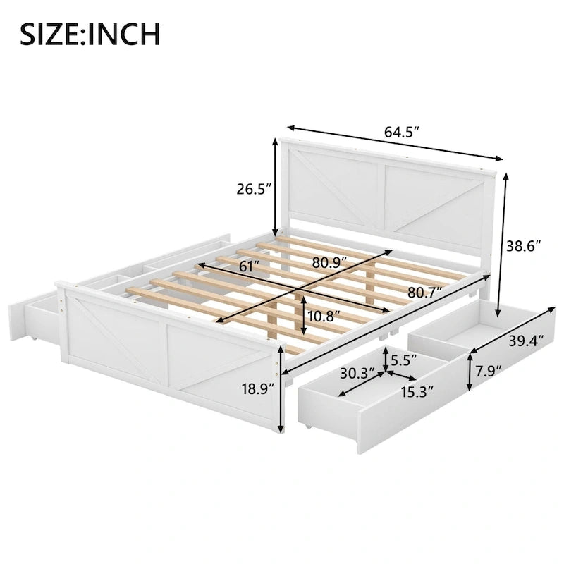 Białe antyczne łóżko platformowe queen size z drewna, z czterema szufladami