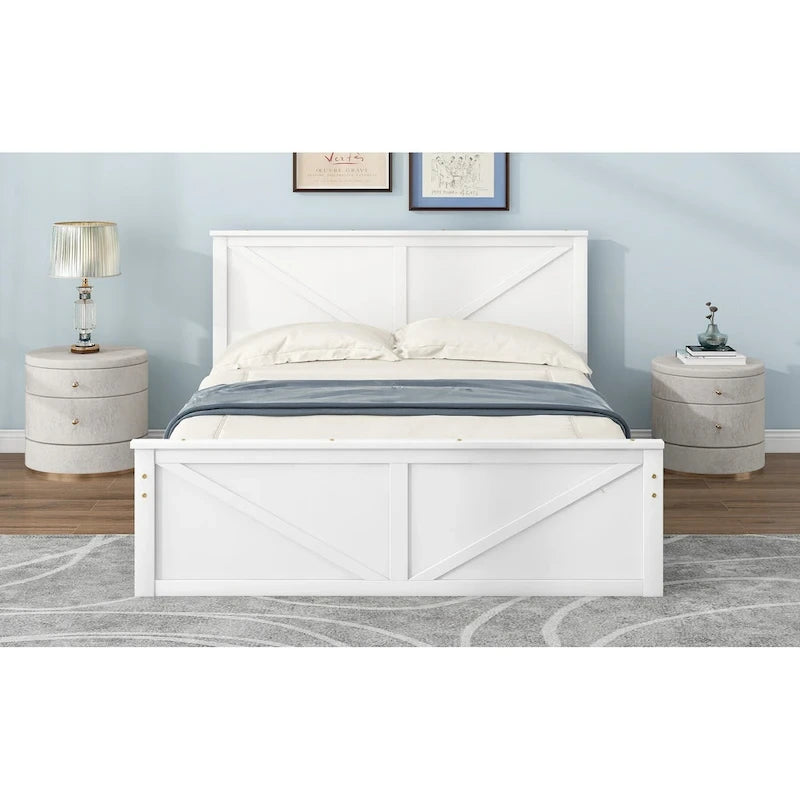 Letto matrimoniale queen size in legno bianco anticato con base a piattaforma e quattro cassetti contenitore