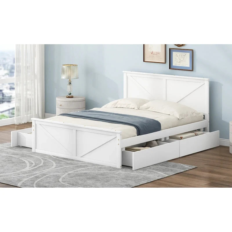 Letto matrimoniale queen size in legno bianco anticato con base a piattaforma e quattro cassetti contenitore
