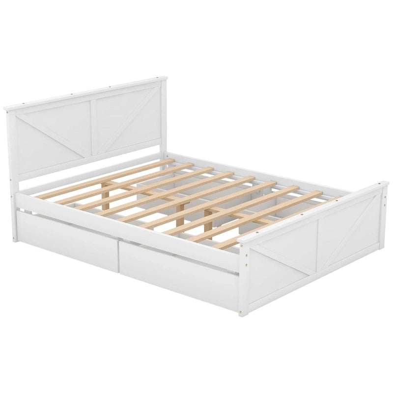 Letto matrimoniale queen size in legno bianco anticato con base a piattaforma e quattro cassetti contenitore