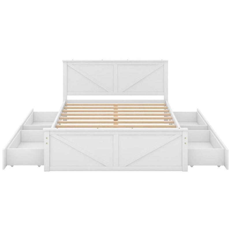 Letto matrimoniale queen size in legno bianco anticato con base a piattaforma e quattro cassetti contenitore