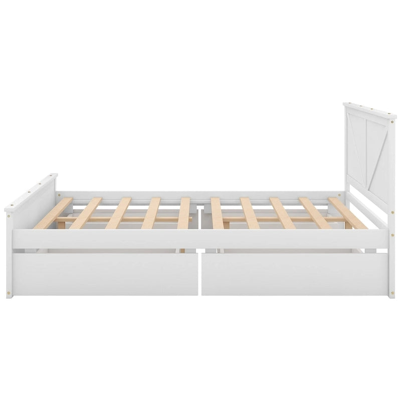 Letto matrimoniale queen size in legno bianco anticato con base a piattaforma e quattro cassetti contenitore