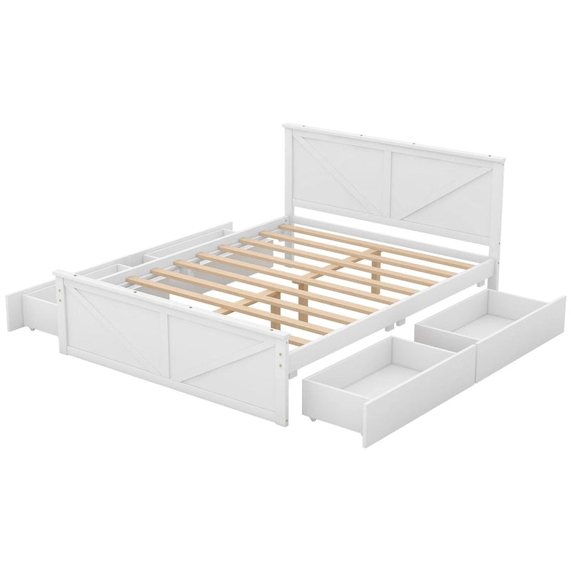 Letto matrimoniale queen size in legno bianco anticato con base a piattaforma e quattro cassetti contenitore