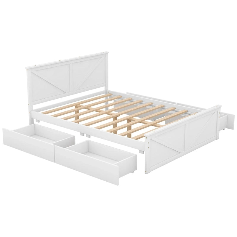 Letto matrimoniale queen size in legno bianco anticato con base a piattaforma e quattro cassetti contenitore