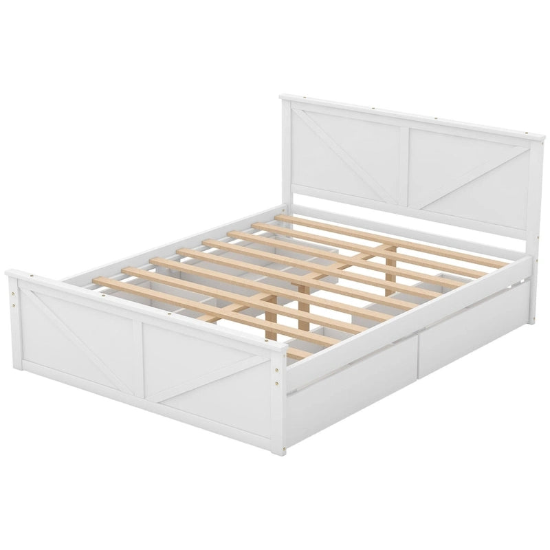 Letto matrimoniale queen size in legno bianco anticato con base a piattaforma e quattro cassetti contenitore