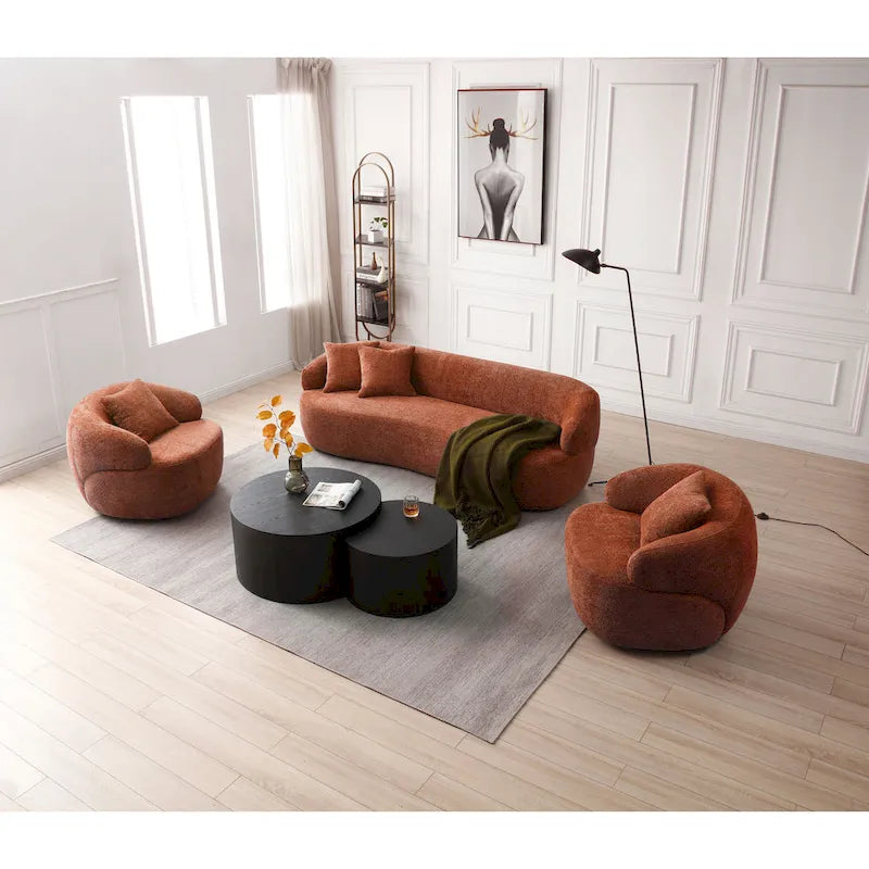 Poltrona a botte arancione moderna, imbottita e girevole a 360°, con struttura in legno massello