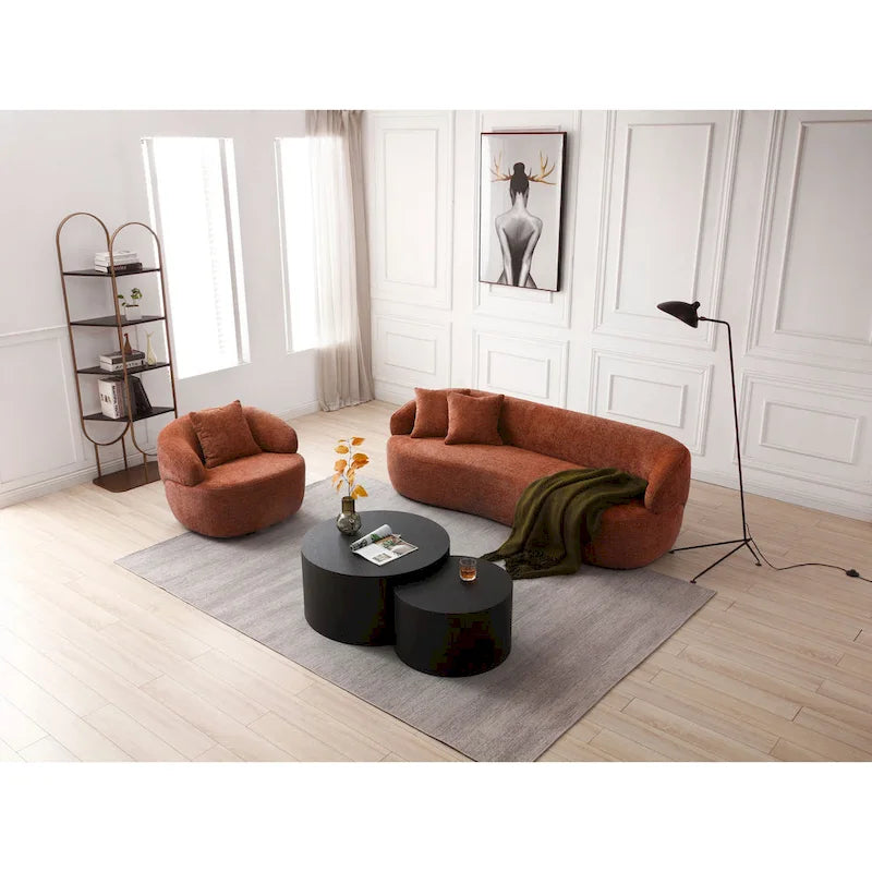 Poltrona a botte arancione moderna, imbottita e girevole a 360°, con struttura in legno massello