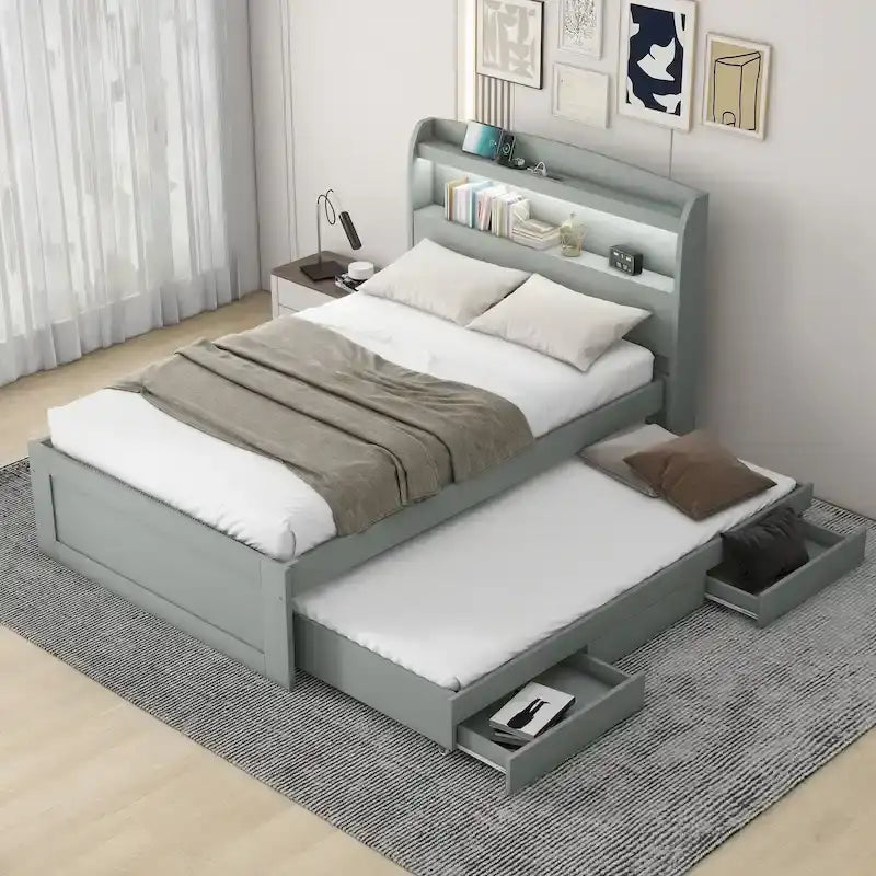 Letto a piattaforma con testiera LED e cassetti
