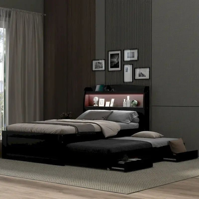 Letto a piattaforma con testiera LED e cassetti