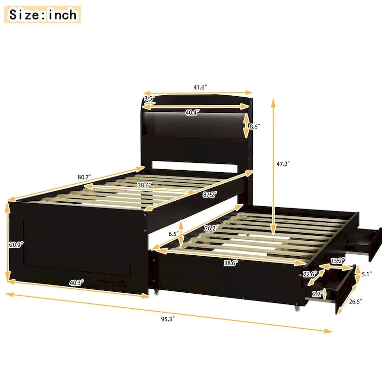 Letto a piattaforma con testiera LED e cassetti