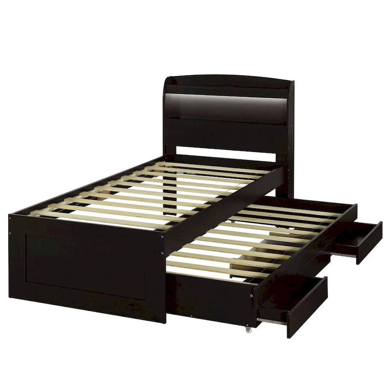 Letto a piattaforma con testiera LED e cassetti