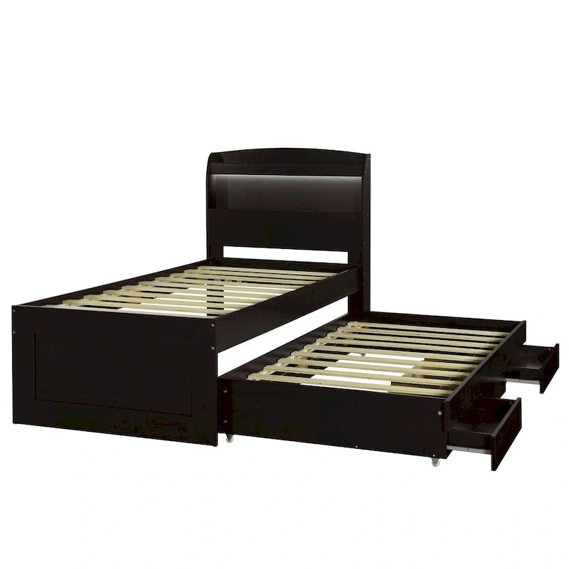 Letto a piattaforma con testiera LED e cassetti