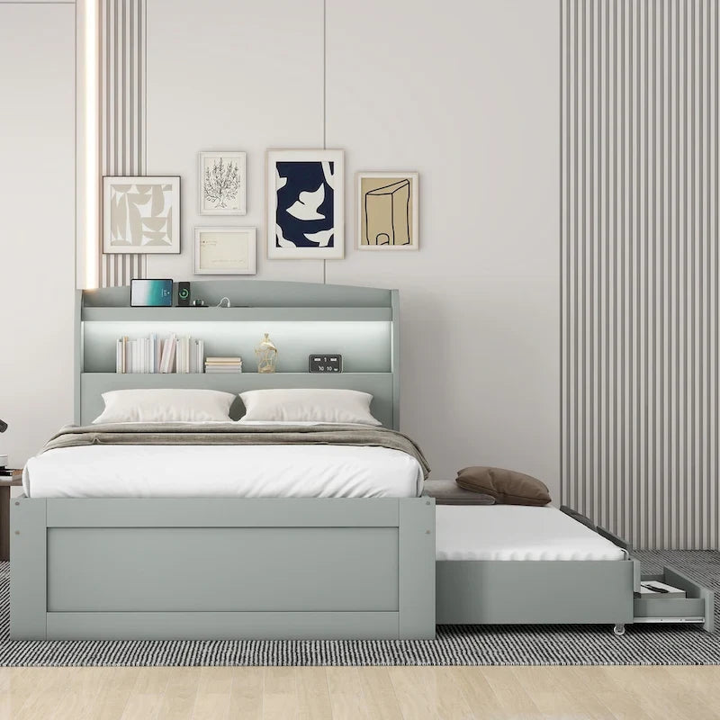Letto a piattaforma con testiera LED e cassetti