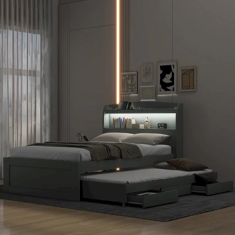Letto a piattaforma con testiera LED e cassetti