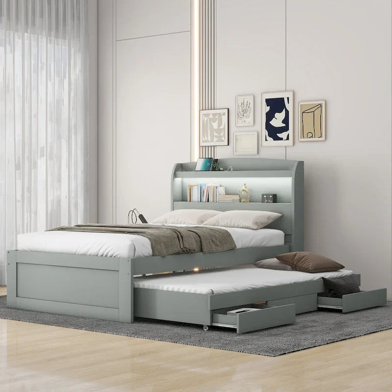 Letto a piattaforma con testiera LED e cassetti