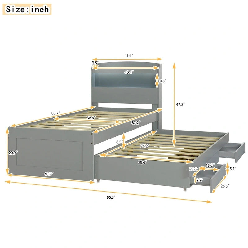 Letto a piattaforma con testiera LED e cassetti