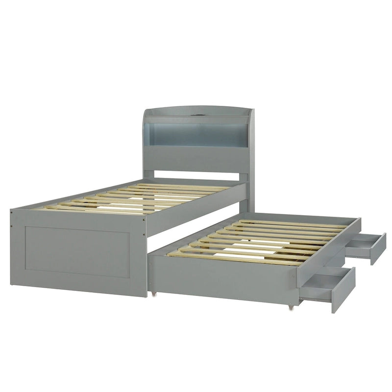 Letto a piattaforma con testiera LED e cassetti