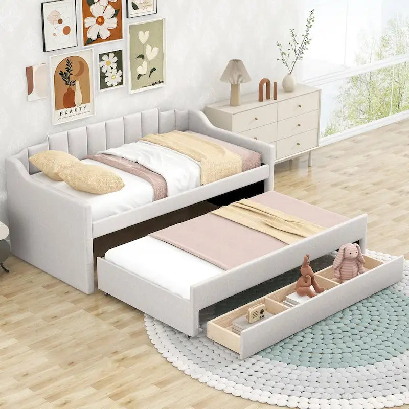 Daybed singolo imbottito con letto estraibile e tre cassetti