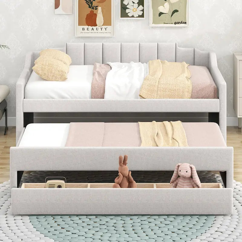 Daybed singolo imbottito con letto estraibile e tre cassetti