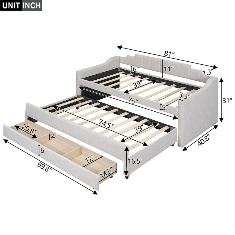 Daybed singolo imbottito con letto estraibile e tre cassetti