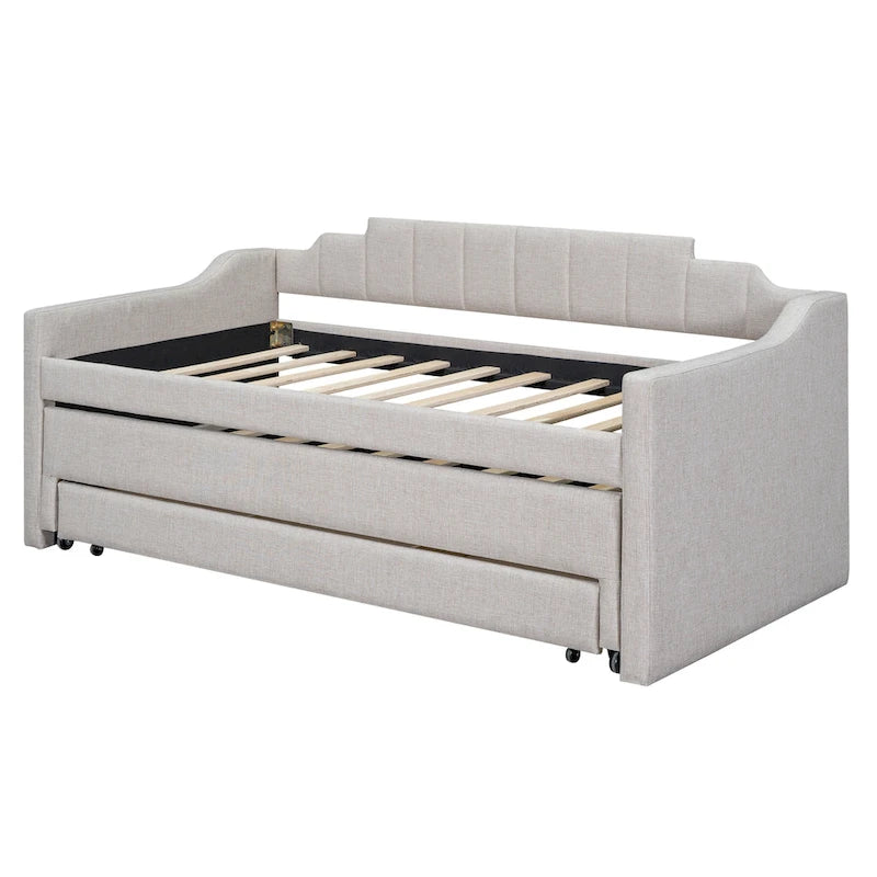 Daybed singolo imbottito con letto estraibile e tre cassetti