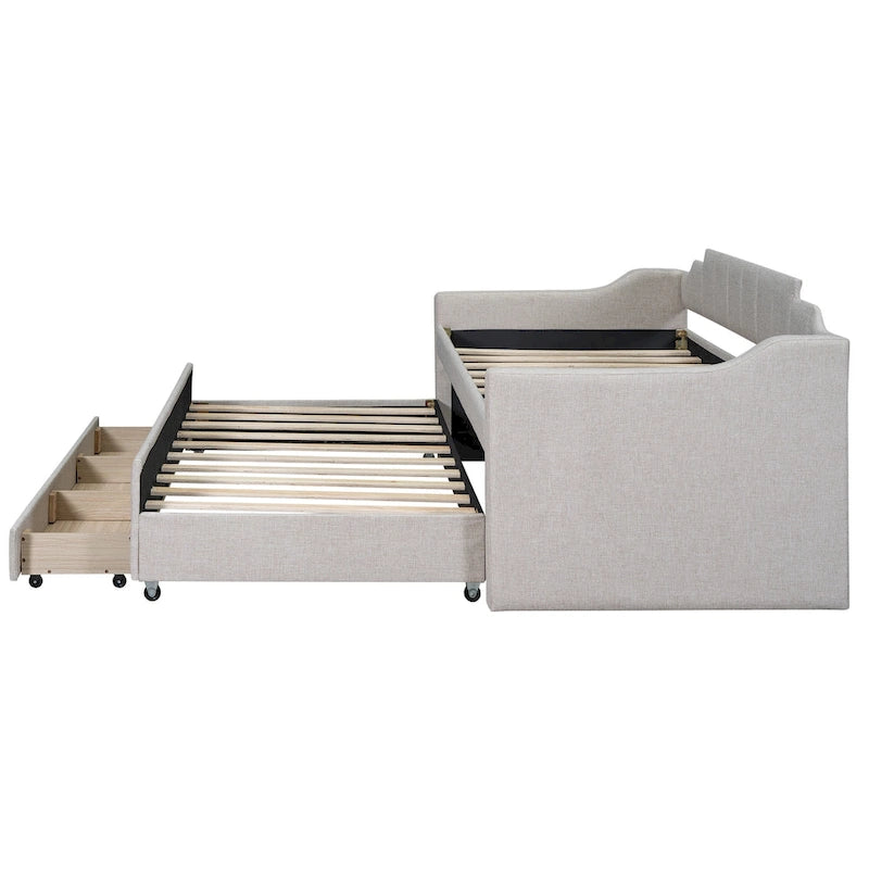 Daybed singolo imbottito con letto estraibile e tre cassetti