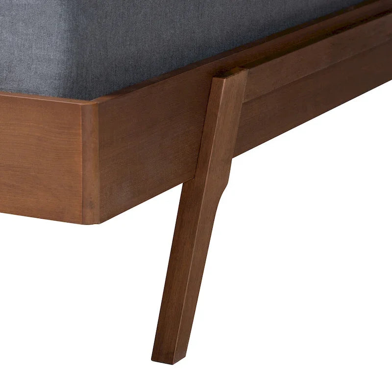 Struttura letto moderna di metà secolo in legno con finitura noce e frassino