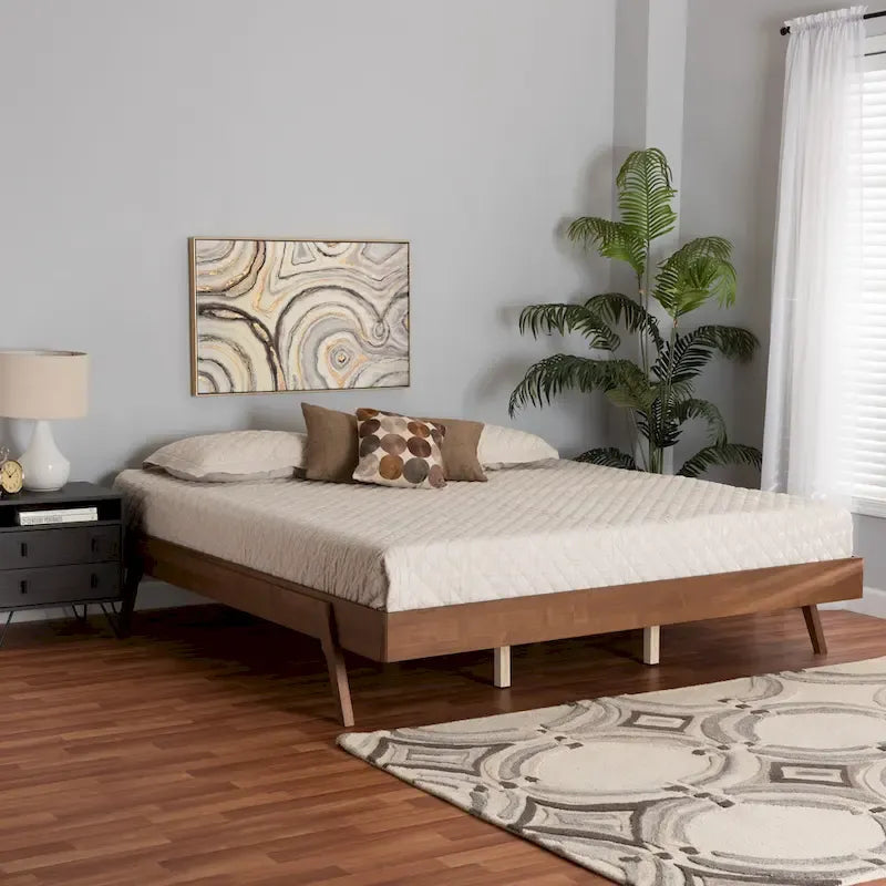 Struttura letto moderna di metà secolo in legno con finitura noce e frassino