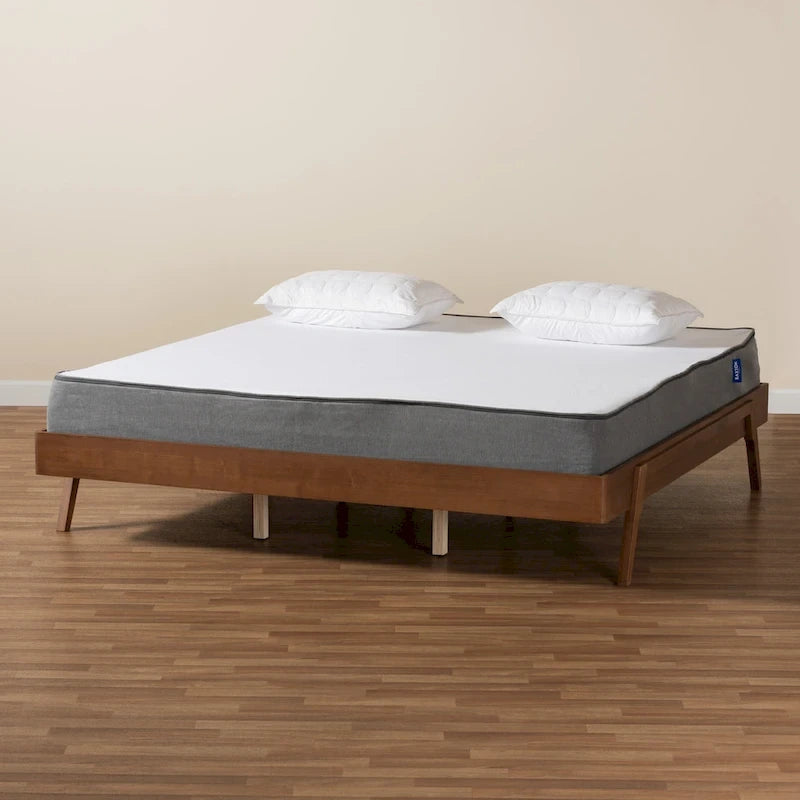 Struttura letto moderna di metà secolo in legno con finitura noce e frassino