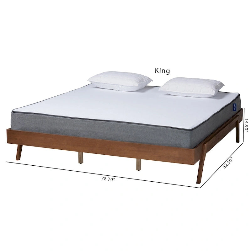 Struttura letto moderna di metà secolo in legno con finitura noce e frassino