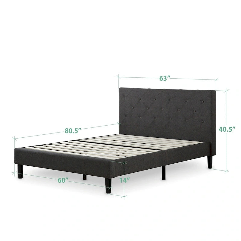 Letto a piattaforma imbottito grigio scuro con cuciture a rombi