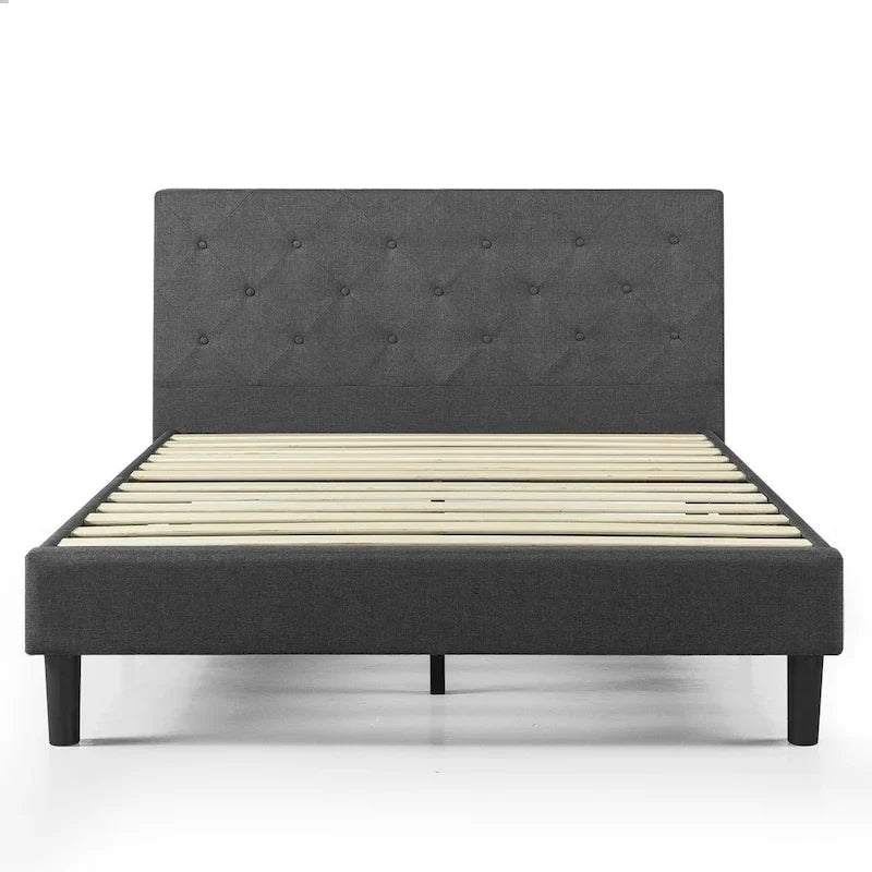 Letto a piattaforma imbottito grigio scuro con cuciture a rombi