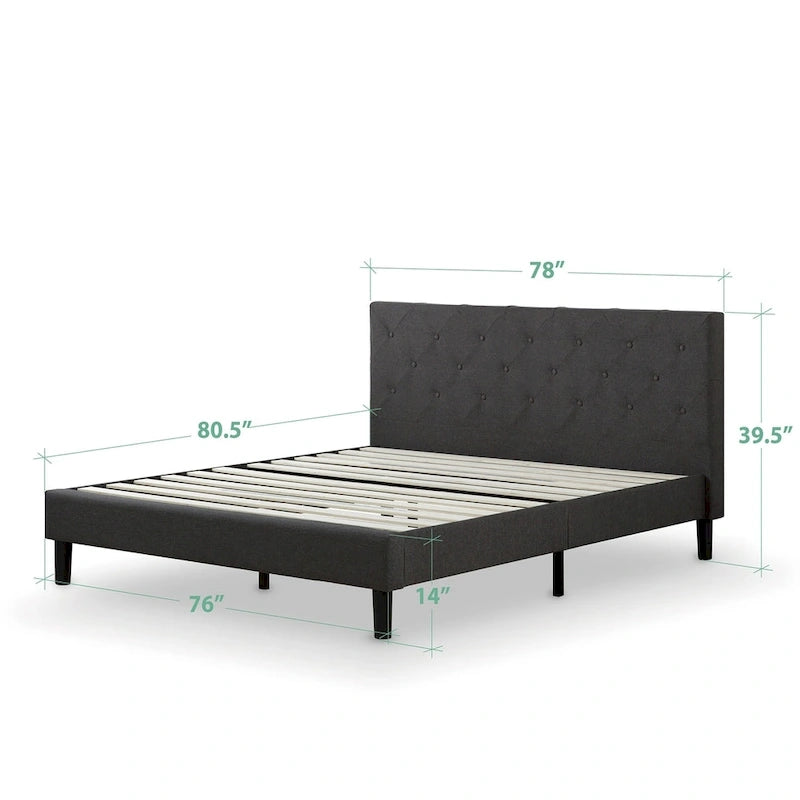Letto a piattaforma imbottito grigio scuro con cuciture a rombi