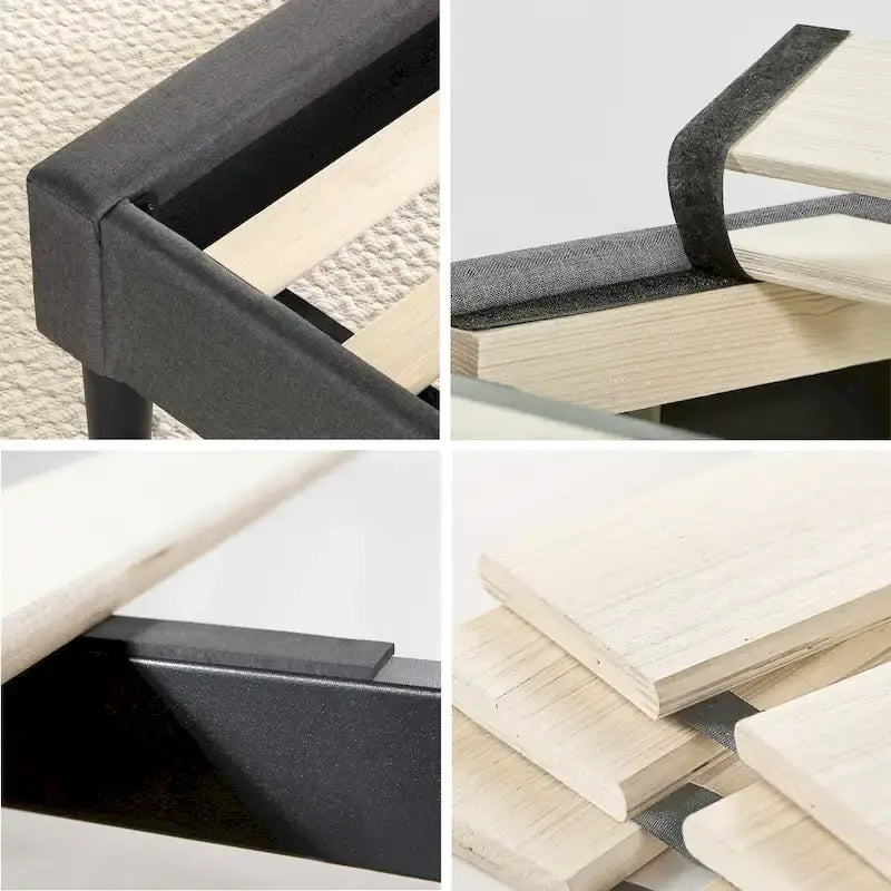 Letto a piattaforma imbottito grigio scuro con cuciture a rombi