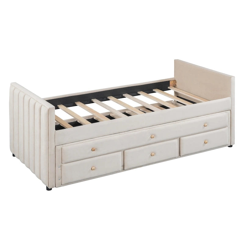 Daybed singolo imbottito con letto estraibile singolo e cassetti, in velluto beige
