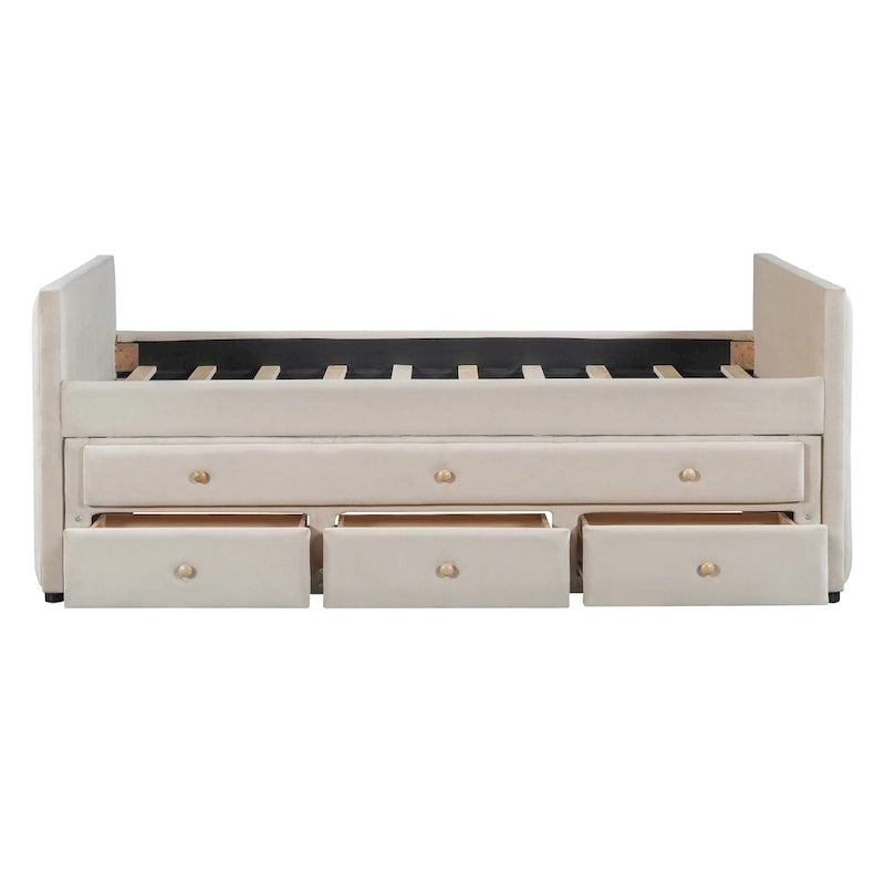 Daybed singolo imbottito con letto estraibile singolo e cassetti, in velluto beige