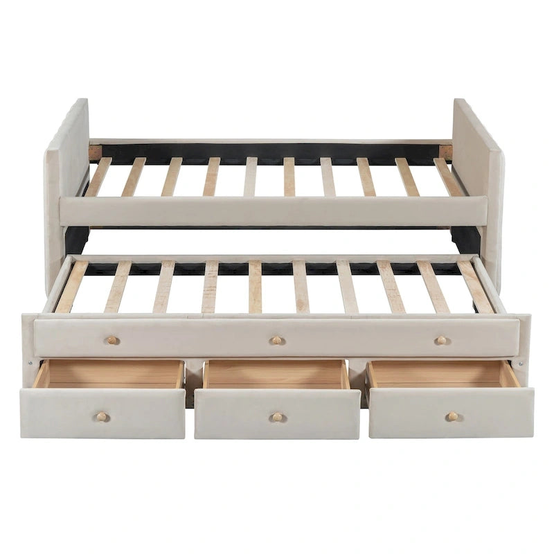 Daybed singolo imbottito con letto estraibile singolo e cassetti, in velluto beige