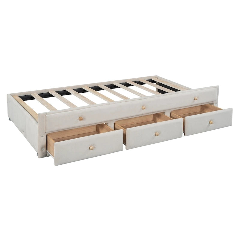 Daybed singolo imbottito con letto estraibile singolo e cassetti, in velluto beige