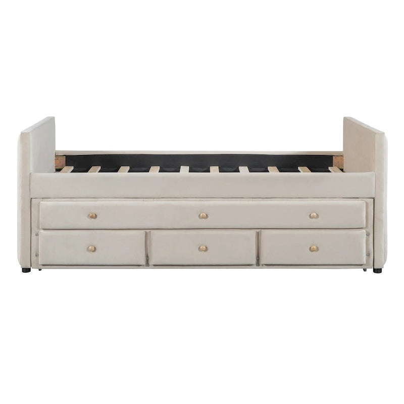 Daybed singolo imbottito con letto estraibile singolo e cassetti, in velluto beige