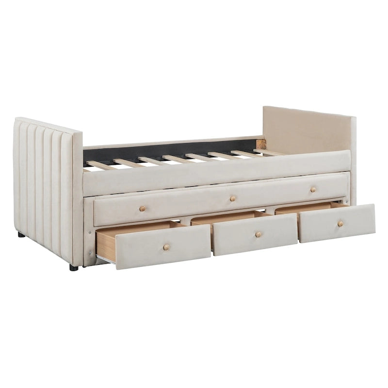 Daybed singolo imbottito con letto estraibile singolo e cassetti, in velluto beige